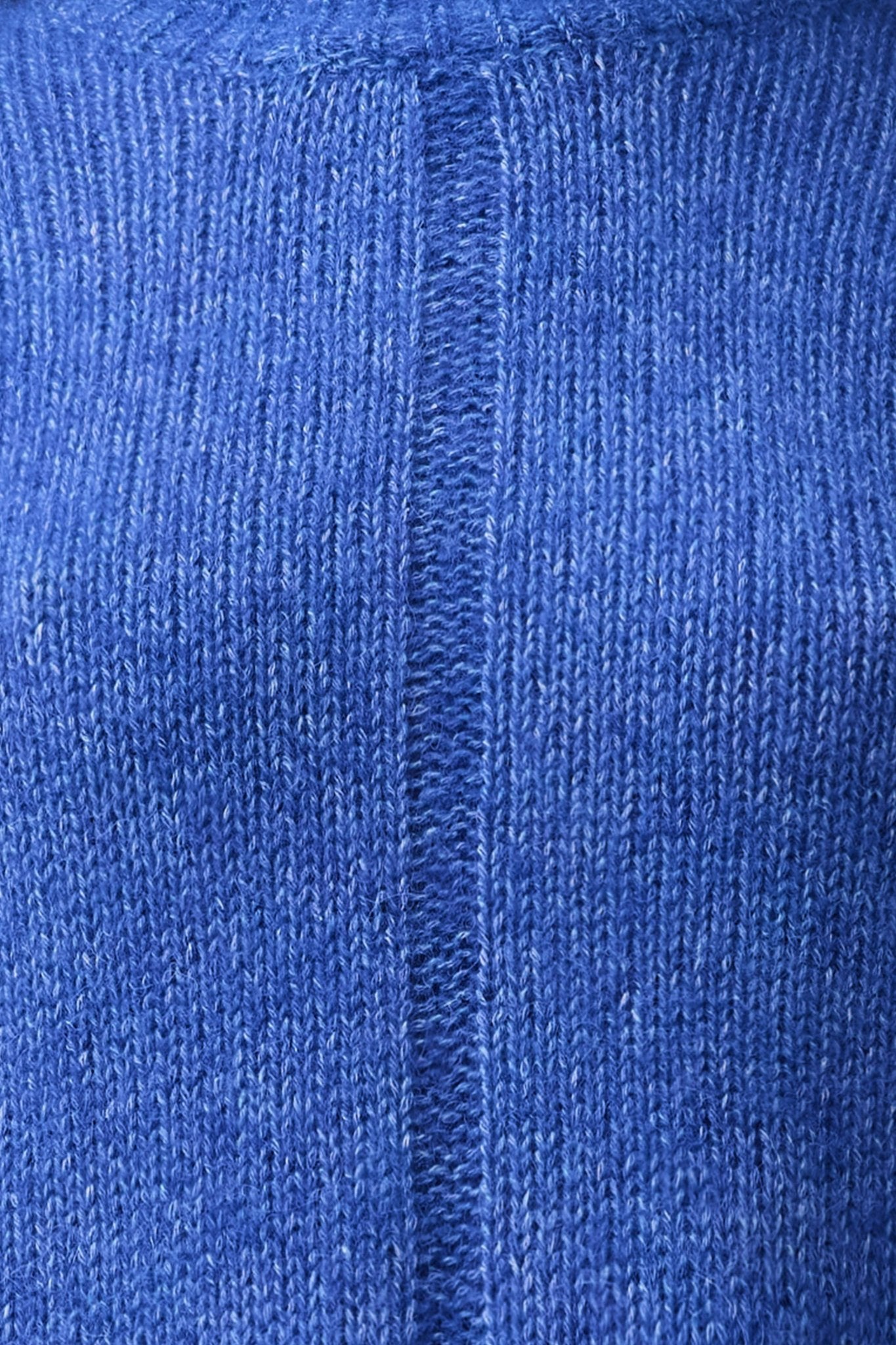 Close-up of the Alfie Alpaca Cotton Knit in cobalt blue, showing the dropped needle stitch detail and airy texture of the alpaca-cotton blend.