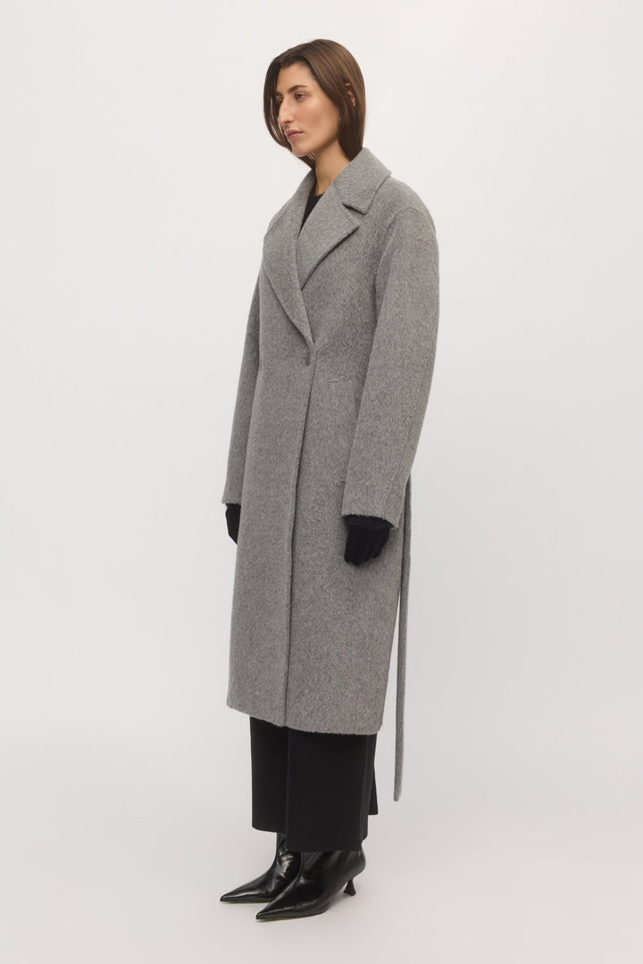 Side view of Drop Shoulder Coat in metallic showing double-breasted front and soft shoulder lines โ Skin and Threads