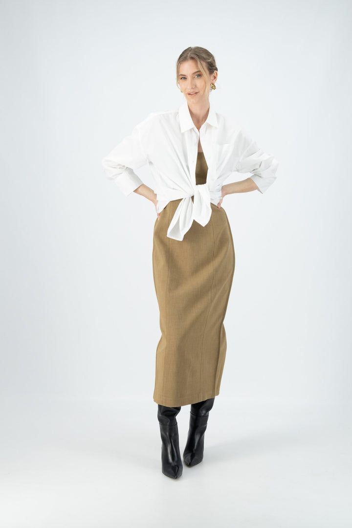Kiana Dress paired with white shirt and black leather boots.