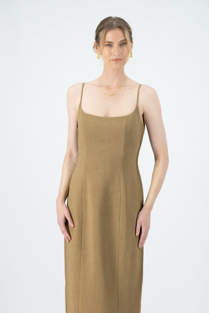 Kiana Dress in brown with thin straps.