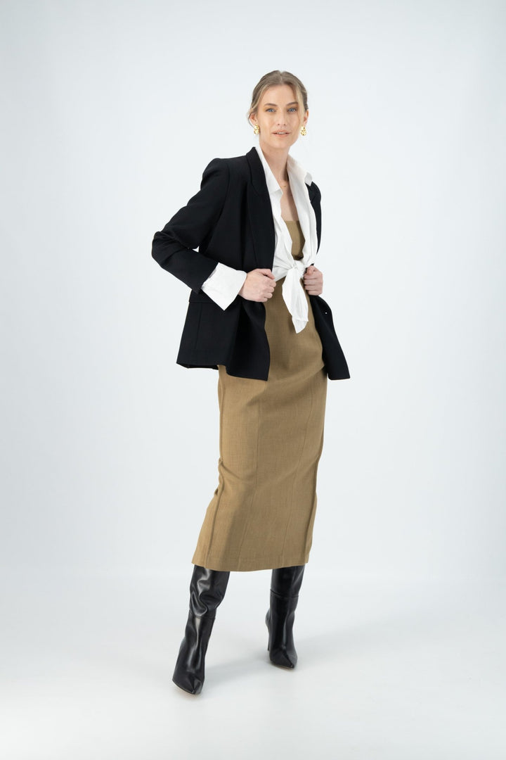 Brown Kiana Dress styled with a white shirt and with black jacket.