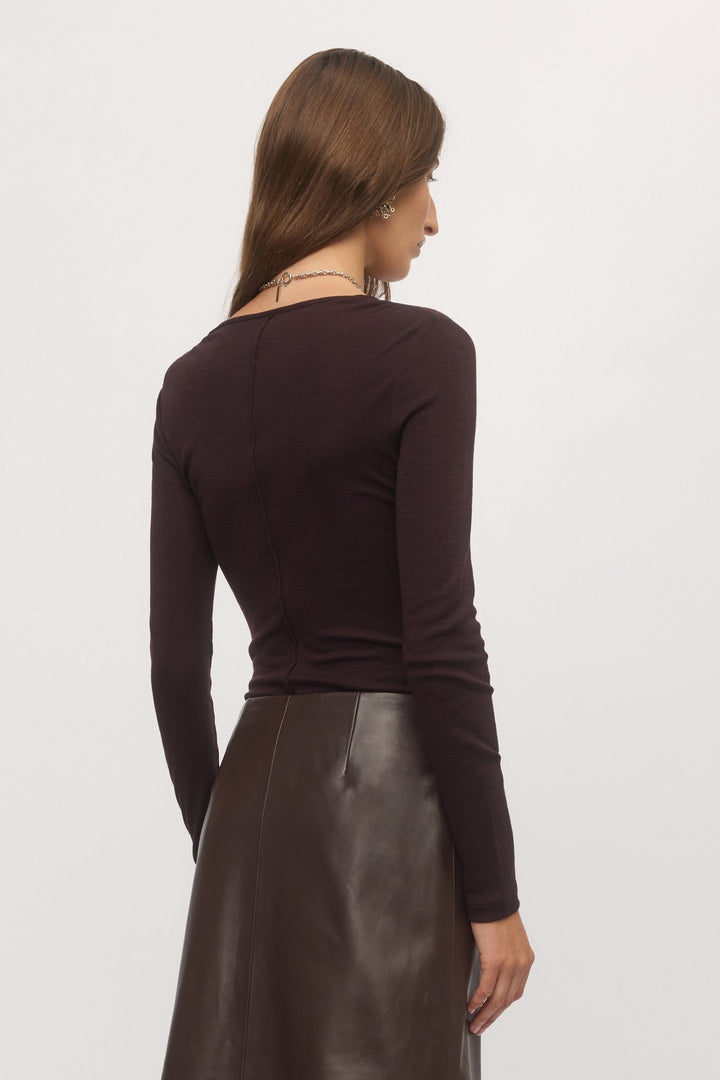 Back view of woman in plum Merino V wool sweater โ Skin and Threads