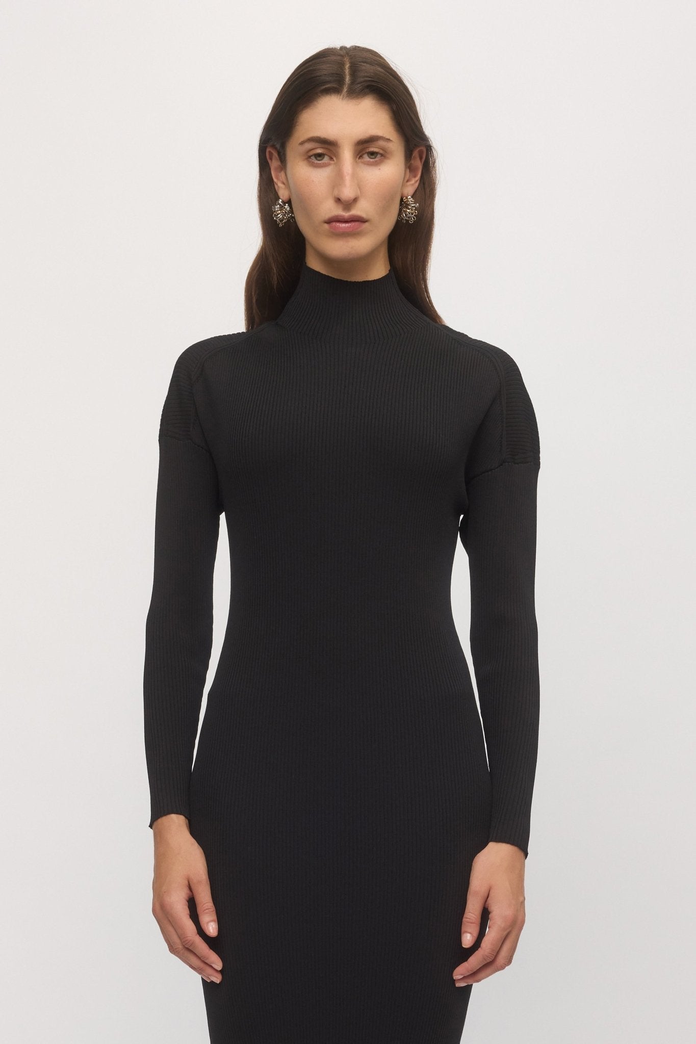 Front close-up of Open Back Rib Dress showing neckline, long sleeves, and rib texture โ Skin and Threads