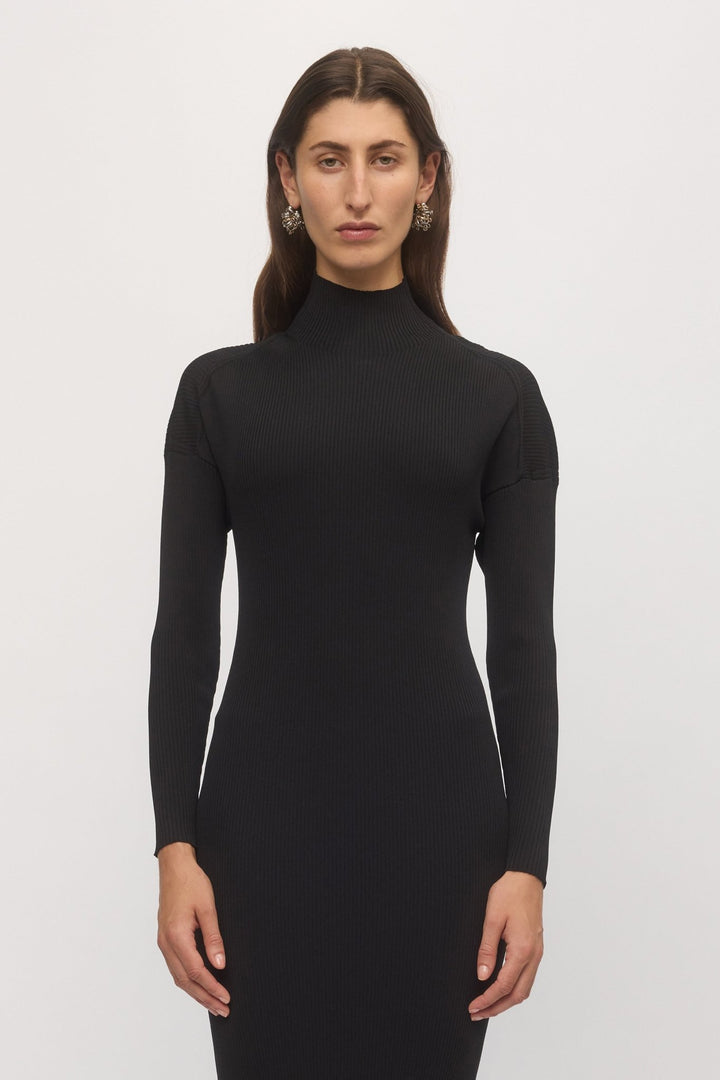 Front close-up of Open Back Rib Dress showing neckline, long sleeves, and rib texture โ Skin and Threads
