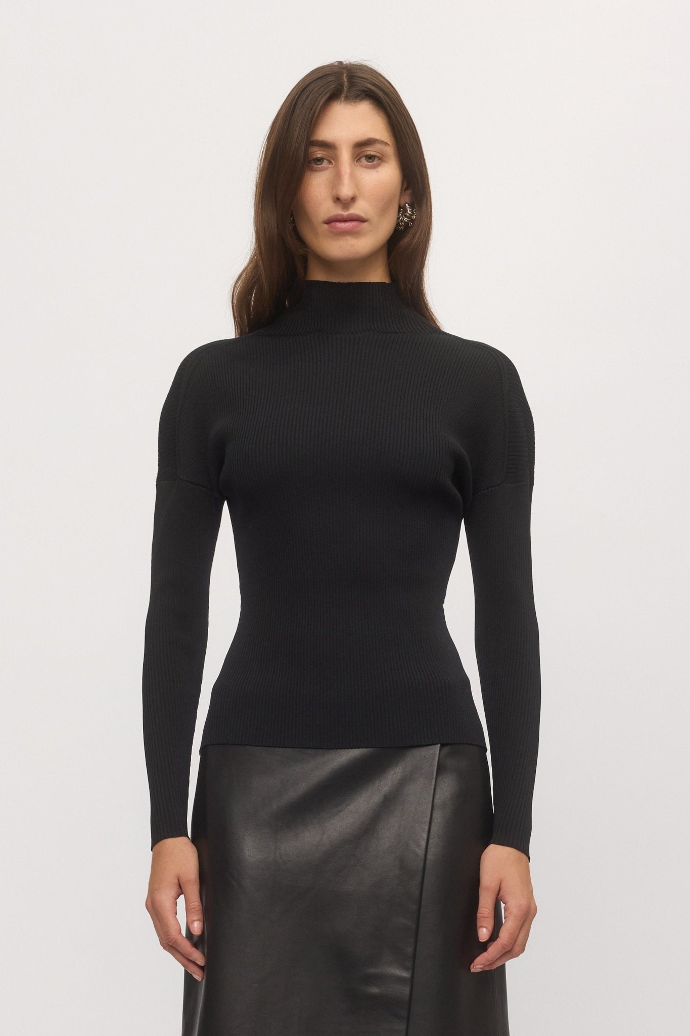 Front view of Open Back Rib Top with ribbed structure, mock neckline, and slim contoured fit – Skin and Threads