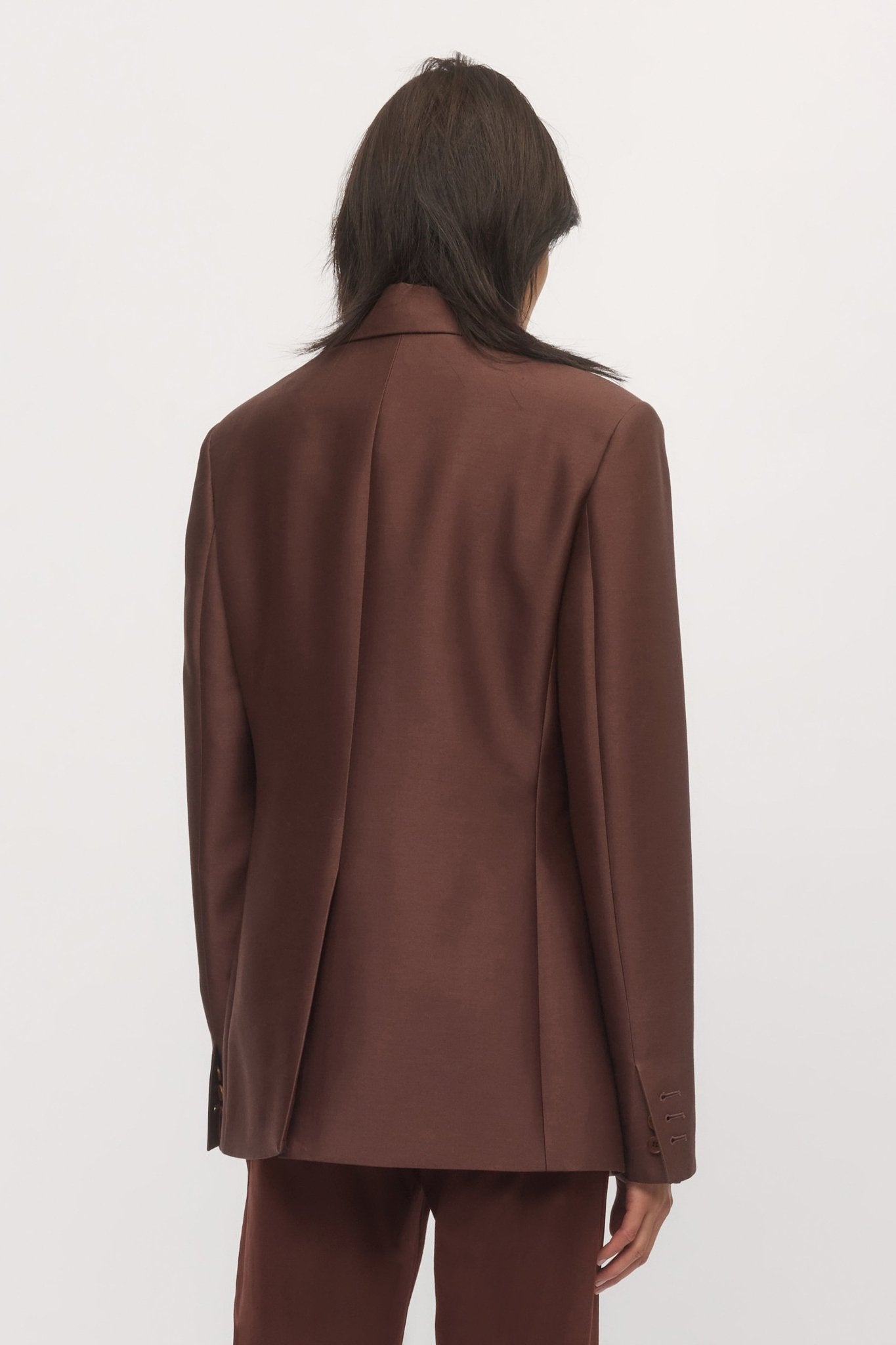 Back close-up view of Single Button Blazer mahogany wool jacket โ Skin and Threads