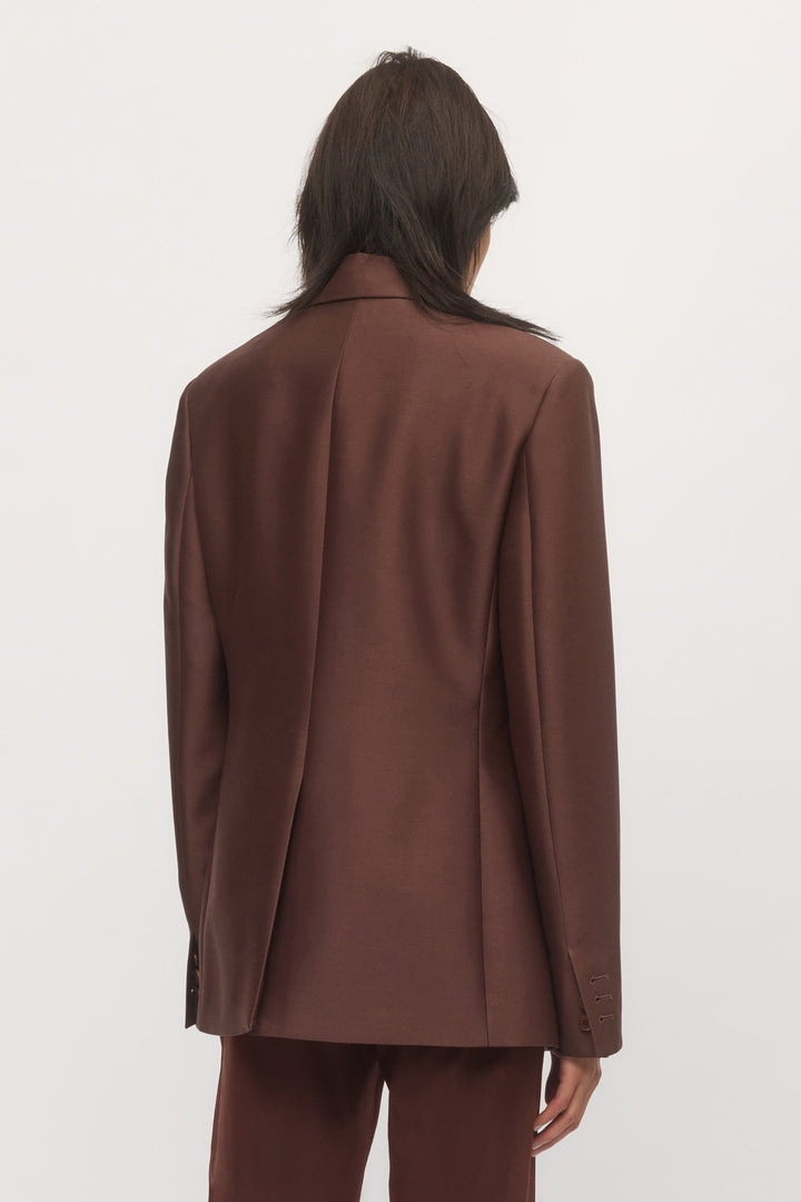 Back close-up view of Single Button Blazer mahogany wool jacket โ Skin and Threads