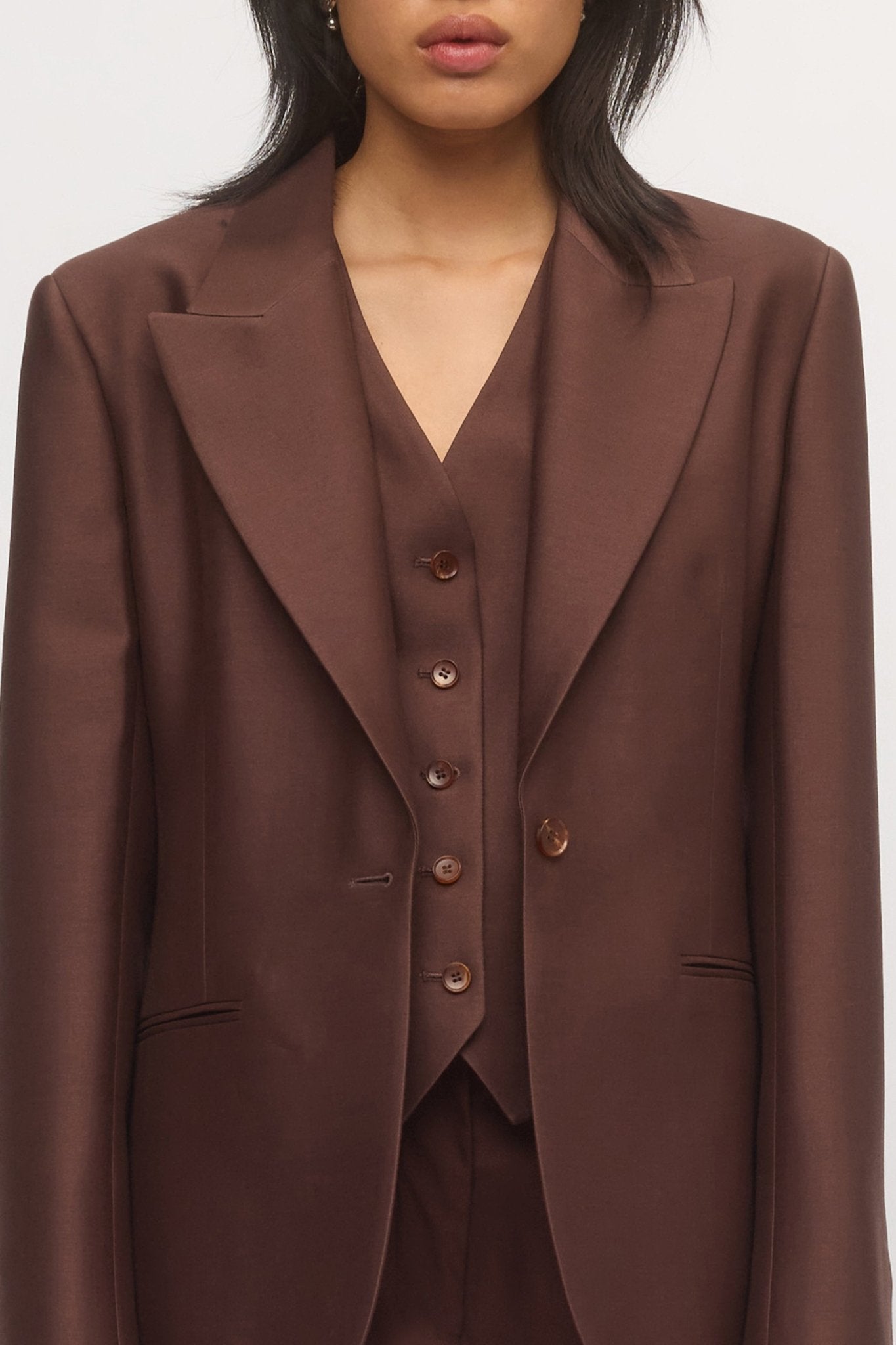 Front close-up detail showing Single Button Blazer mahogany paired with vest โ Skin and Threads