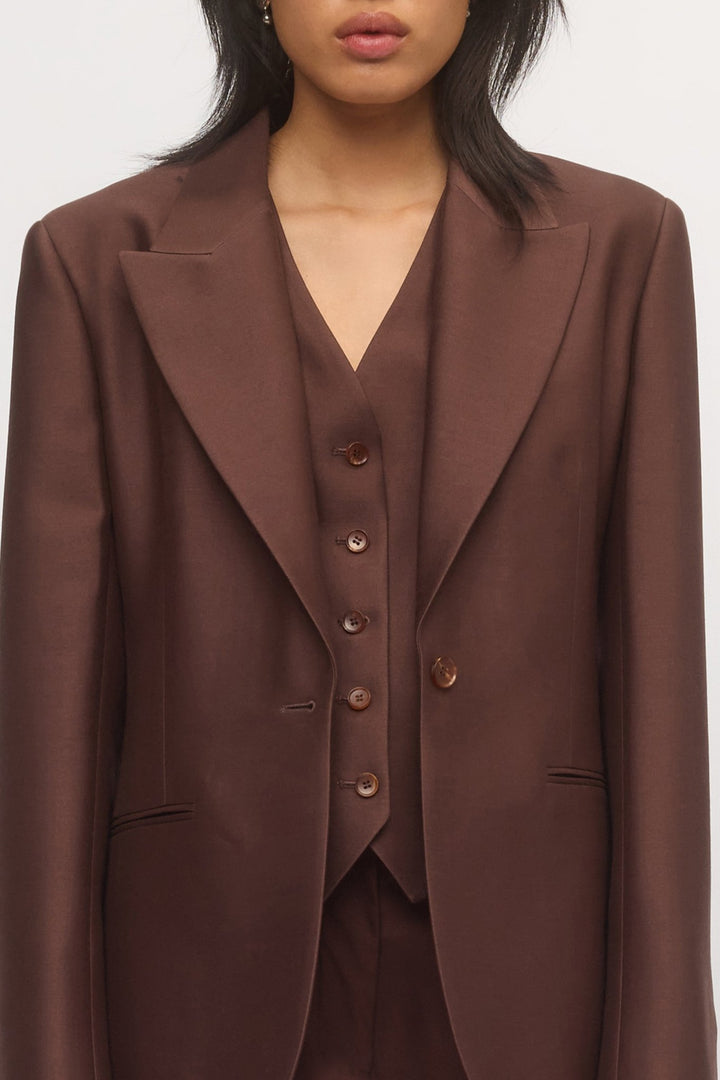 Front close-up detail showing Single Button Blazer mahogany paired with vest โ Skin and Threads