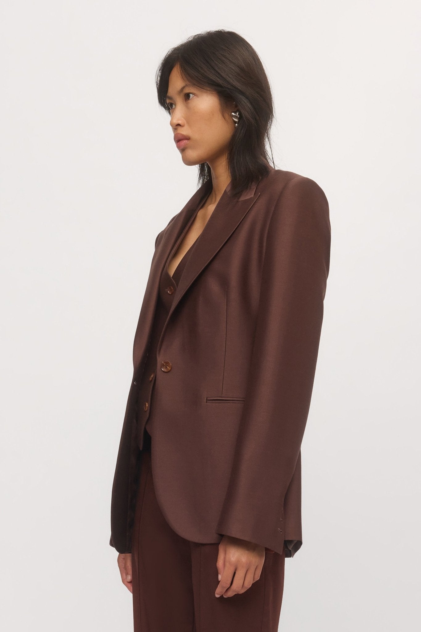 Side profile view of Single Button Blazer mahogany in classic tailored fit โ Skin and Threads