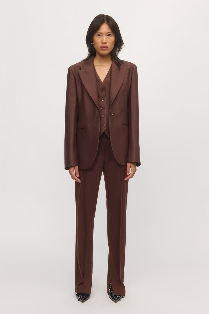 Front view of woman wearing Single Button Blazer in mahogany wool with matching trousers and vest โ Skin and Threads