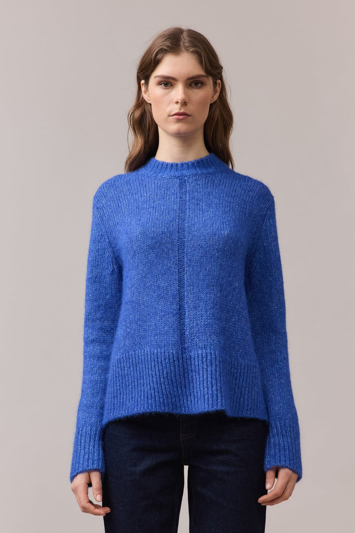 Close-up front view of the Alfie Alpaca Cotton Lofty Knit, highlighting the crew neckline, soft brushed texture, and subtle front dropped-stitch detail.