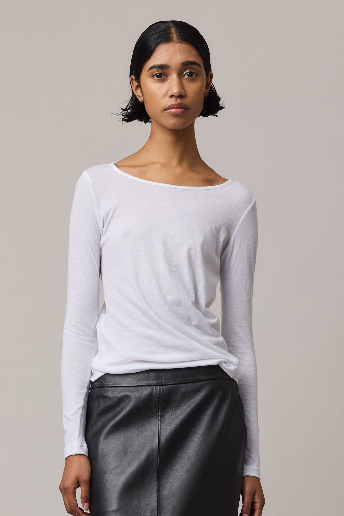 Close-up of the woman in the breathable cotton crew.