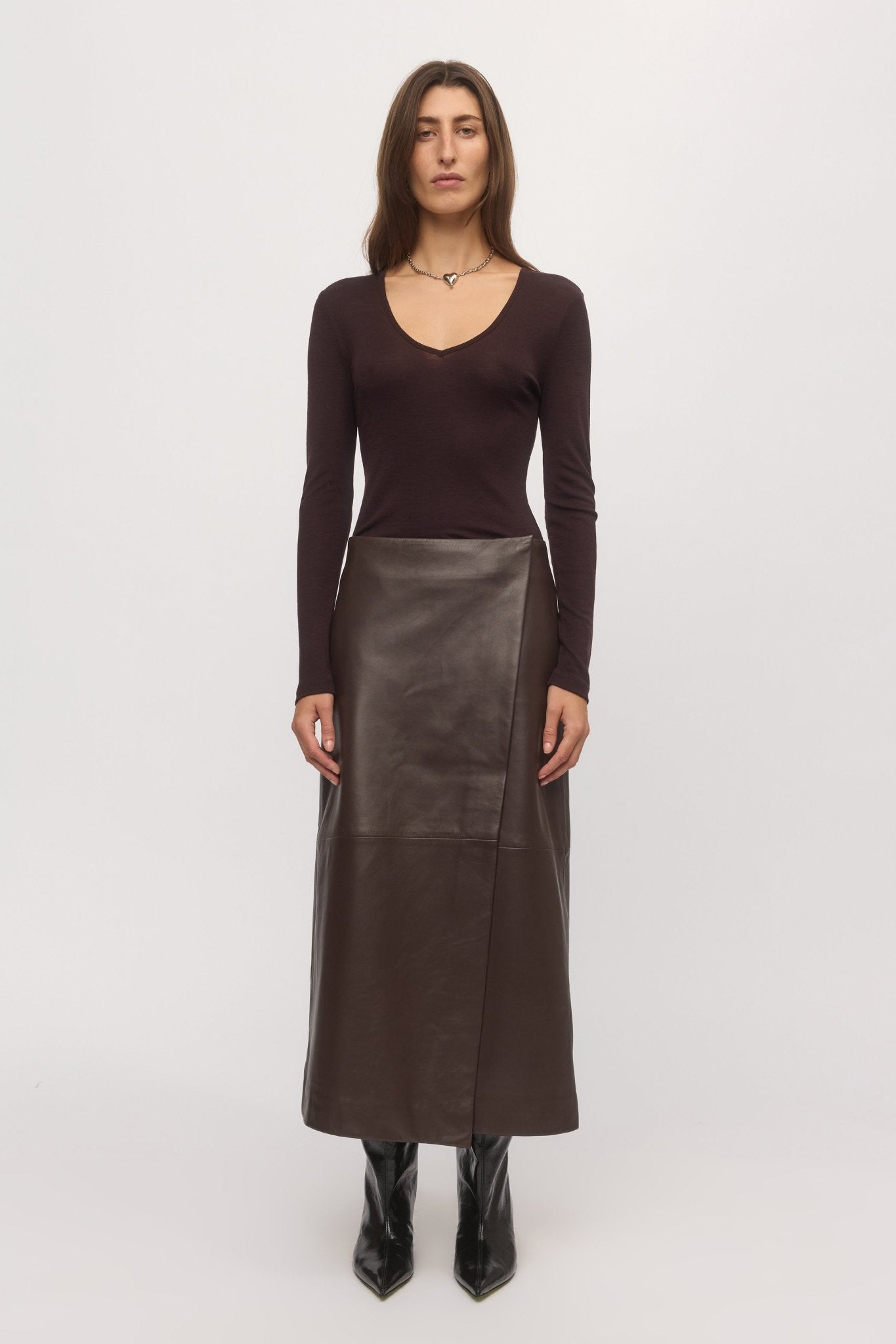 Leather Maxi Crossover Skirt Brunette