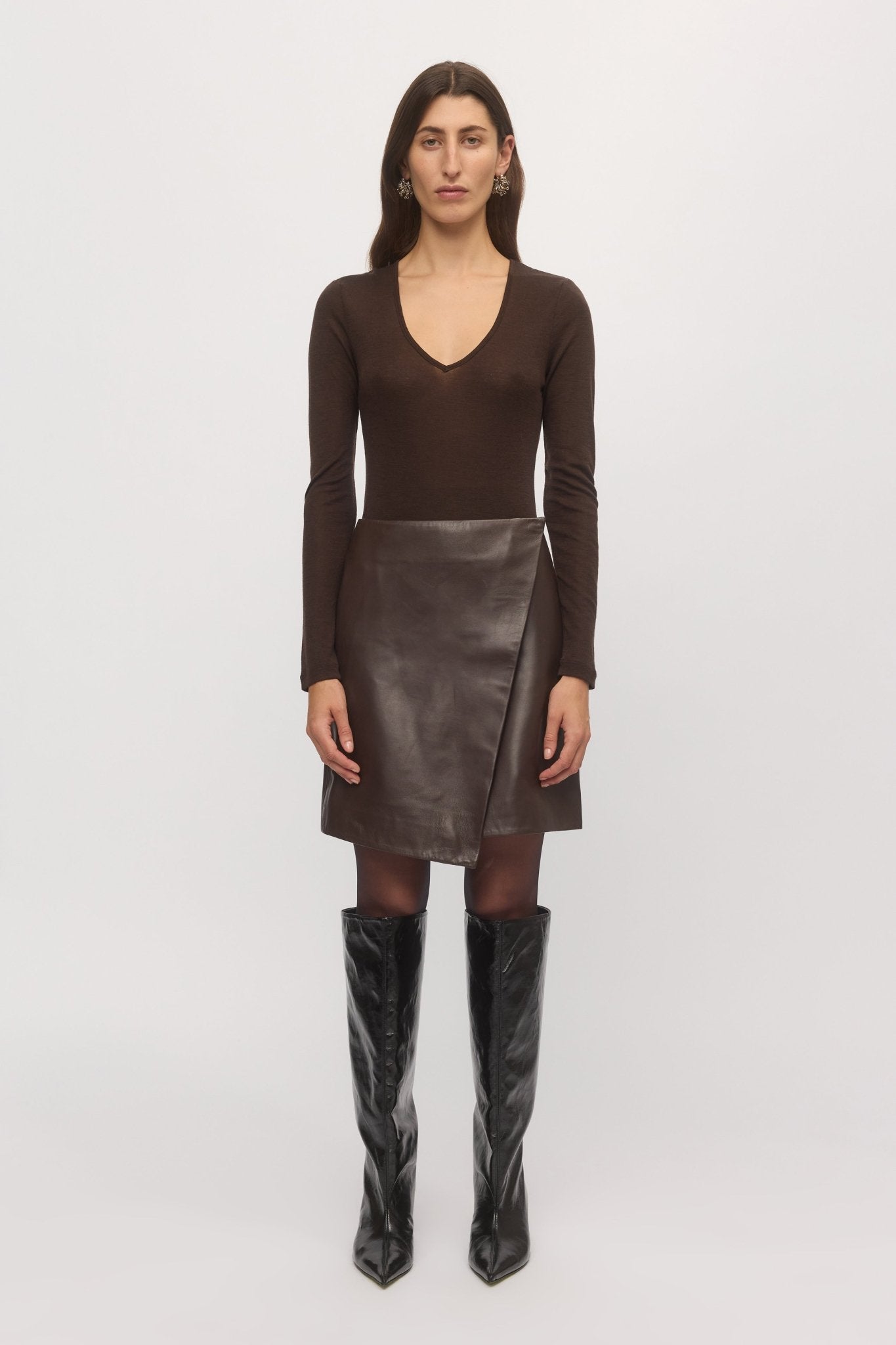 Leather Mini Crossover Skirt Brunette